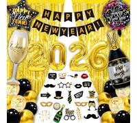 Decoracion de Cotillon Nochevieja 2026 48 Pcs, Banderinas Happy New Year, Globos 2026 Gigantes (32 Inches), Accesorios de Fotomaton, Cortinas Metálicas, Globos Para Decoración de Fiesta de Nochevieja