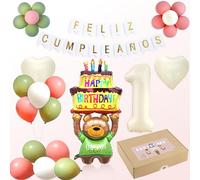 Decoración de cumpleaños 1 año, para niñas y niños. En español. Banner feliz cumpleaños, globo de oso, flores de globos, globos de corazón y de colores para fiesta infantil