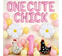 Decoración de cumpleaños con temática de pollo de granja para primer cumpleaños, diseño de pollito, rosa, amarillo, margarita, decoración de fiesta para celebraciones de primer cumpleaños