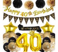 Decoración de cumpleaños de 40 años, oro negro, guirnalda Happy Birthday, globos, banderines y bufanda, kit de decoración de cumpleaños para fiesta de 40 años hombre mujer
