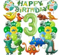 Decoración de cumpleaños de dinosaurio para 3 años, diseño de dinosaurios con globos XXL, guirnalda de pancartas de feliz cumpleaños, globos con números 3, decoración de cumpleaños para niños y niñas