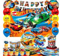 Decoración de cumpleaños de Hot Wheels, decoración para fiestas de cumpleaños, globos de cumpleaños, vajilla y suministros. nuevo