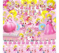 Decoración de cumpleaños de melocotón - Globos, mantel, tablero y decoración de pastel para la princesa Peach