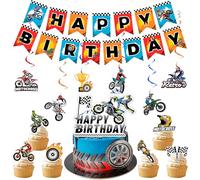 Decoración de Cumpleaños de Motos Set - Pancartas de Cumpleaños de Motos, Decoracion Tarta de Motocicleta & Remolino de Suspensión etc Decoración de Fiesta de Cumpleaños de Motocross