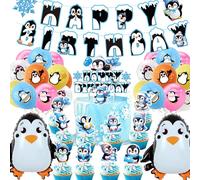 Decoración de Cumpleaños de Pingüino,34 Pcs Decoración de fiesta de Animales polares árticos,Globos de Fiesta Pingüino Set,Pingüino Decoracións para Fiesta Niños pancarta de feliz cumpleaños,cupcakes