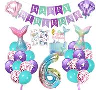 Decoración de cumpleaños de sirena para 6 años, globos de cumpleaños infantiles, juego de fiesta temática de sirenas, juego de fiesta con globo, guirnalda de feliz cumpleaños, decoración para tartas y