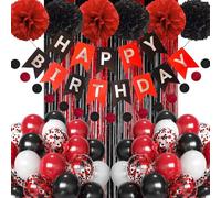 Decoración de cumpleaños en rojo y negro, decoración de fiesta de cumpleaños en negro y rojo con globos, banner de feliz cumpleaños, cortina de escarcha, pompones para decoración de cumpleaños para