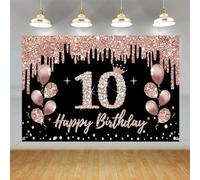 Decoración de cumpleaños número 10 para niñas, decoración de fiesta negro y oro rosa, cartel colgante de tela de 10 cumpleaños, pancarta de telón de fondo de 10 cumpleaños, letrero de bienvenida para