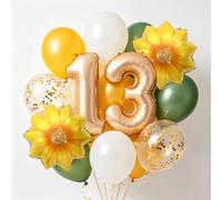 Decoración de cumpleaños número 13, globos de girasoles, decoración de cumpleaños para niño y niña, número 13, globos amarillos y verdes para niños, decoración de fiesta de 13 años (13)