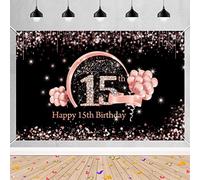 Decoración de cumpleaños número 15 para niñas, telón de fondo de feliz cumpleaños 15, cartel de tela de oro rosa, suministros de fiesta de 15 años, letrero de bienvenida de fondo DPhoto, 150 cm x 90