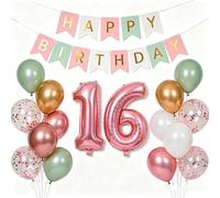 Decoración de cumpleaños número 16 para niña, globos para el 16 cumpleaños rosa, pancarta de cumpleaños número 16, globos metálicos para 16 años de fiesta de cumpleaños (16)