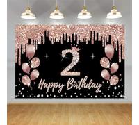 Decoración de cumpleaños número 2 para niñas, decoración de fiesta negro y oro rosa, cartel colgante de tela de segundo cumpleaños, pancarta de fondo de segundo cumpleaños, letrero de bienvenida para