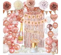 Decoracion de Cumpleaños Oro Rosa Bianco Globos de Cumpleaños, Pancarta Happy Birthday, Cortinas Foil Dorados, Pompones, Banda para Happy Birthday Decoracion Fiesta Mujer