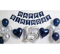 Decoración de cumpleaños para 15 cumpleaños, color plateado metálico y azul, pancarta de cumpleaños número 15 estrellas, globos plateados de confeti de látex para él, 15 niños, niñas, hijo, decoración