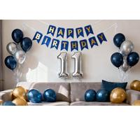 Decoración de cumpleaños para niño de 11 años, 11 globos metálicos, color plateado, azul y dorado, 11 cumpleaños