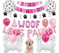 Decoración de cumpleaños para perro, bandana - Juego de decoración de pancarta rosa de feliz cumpleaños con globos de huellas de patas, bonita guirnalda de cachorros Woof Lets Pawty letras para regalo