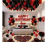 Decoración de cumpleaños rojo y negro con velas LED, globo de amor, decoraciones románticas de habitación de hotel, decoraciones de feliz cumpleaños para él y ella, decoración de aniversario