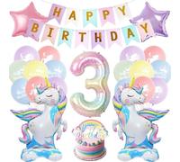 Decoración de cumpleaños unicornio de 3 años para niña - Deco de cumpleaños - Globos de cumpleaños - Decoración para tartas y globos para fiesta 3ª infancia