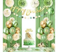 Decoración de cumpleaños verde y dorado para mujer, globos verdes, cumpleaños, selva, decoración de cumpleaños con bandera "Happy Birthday", cortinas de guirnalda, pompones para hombre