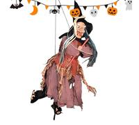 Decoración de de Halloween - Ojos brillantes activados por sonido y | Witch Doll with Light Eyes Flying Broom Halloween Sound Activated Decor for Kitchen Door Entrance Party Haunted House