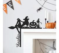 Decoración de esquina personalizada para puerta de Halloween, bruja en escoba, gato, calabaza, puerta, letrero de metal, nombre personalizado, decoración de puerta de Halloween, pasillo, porche