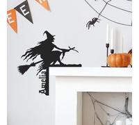 Decoración de esquina personalizada para puerta de Halloween, letrero de marco de puerta de metal con diseño de bruja en escoba, nombre personalizado, decoración de puerta de Halloween, pasillo