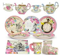 Decoración de fiesta de Alicia en el país de las maravillas y vajilla para 16 invitados | Platos, servilletas, banderines de té | Té de la tarde del Sombrerero Loco, cumpleaños, baby shower, día de la
