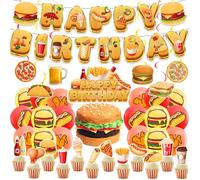 Decoración de fiesta de comida rápida, patatas fritas, pizza, hamburguesas, pollo frito, adornos en espirales, globos para decoraciones de cumpleaños de comida rápida