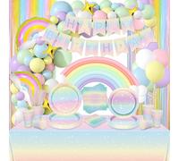 Decoracion de Fiesta de Cumpleaños Arcoiris, Incluye Banner de Happy Birthday, Mantel, Platos de Papel, Servilletas, Vasos, Globos para Decoración de Fiesta de Cumpleaños, 20 porcione