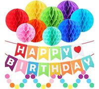 Decoración de fiesta de cumpleaños arcoíris, pompones coloridos de panal, banderines de feliz cumpleaños, círculos de puntos para colgar por ZJHAI