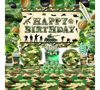 Decoración de fiesta de cumpleaños de camuflaje, suministros de fiesta del ejército, platos, tazas, servilletas, mantel de camuflaje, globos de fondo de feliz cumpleaños, decoración de pastel para