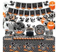 Decoración de fiesta de cumpleaños de dragón, incluye pancarta de fiesta de feliz cumpleaños, platos de cena, platos de postre, tazas, servilletas, mantel, globos, popotes, para suministros de fiesta