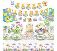 Decoración de fiesta de cumpleaños de dragón, incluye pancarta de fiesta de feliz cumpleaños, platos, tazas, servilletas, mantel, globos, popotes, decoraciones de cumpleaños de dragón, sirve para 20