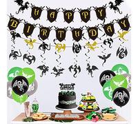 Decoración de fiesta de cumpleaños de dragón para niños, decoración de fiesta temática de dragón verde y negro, decoración para tarta, pancarta de feliz cumpleaños, remolinos colgantes