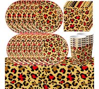 Decoración de fiesta de cumpleaños de guepardo, juego de vajilla de cumpleaños con estampado de leopardo, mantel, platos, pañuelos, tazas, decoraciones de fiesta de cumpleaños de leopardo bestia, 10