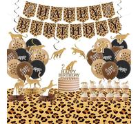 Decoración de fiesta de cumpleaños de guepardo - Los suministros de fiesta con estampado de leopardo incluyen pancarta de feliz cumpleaños decoración para tartas mantel globos para selva safari baby