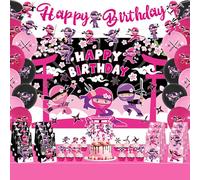 Decoración de fiesta de cumpleaños de niña ninja, telón de fondo rosa de feliz cumpleaños, 18 globos, 12 adornos para cupcakes, 12 bolsas de regalo, mantel ninja para niñas maestras ninja princesa,