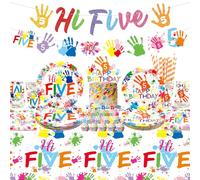 Decoración de fiesta de cumpleaños Hi Five, incluye pancarta de fiesta Hi Five, platos de cena, platos de postre, tazas, servilletas, mantel, globos, popotes, para niños y niñas, suministros de fiesta