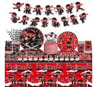 Decoración de fiesta de cumpleaños ninja: incluye pancarta de patrón, mantel, platos, servilletas, vajilla, fiesta de karate, Ninja Warrior Master suministros de fiesta para niños y niñas, baby