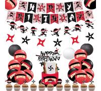 Decoración de fiesta de cumpleaños ninja, suministros de fiesta temática de guerrero rojo y negro para niños con calcomanía de ninja, pancarta de feliz cumpleaños, decoración para tartas y linternas