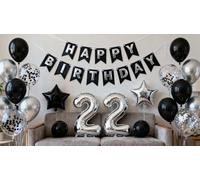 Decoración de fiesta de cumpleaños número 22 para hombres, pancarta de cumpleaños negra y plateada con el número 22 de estrellas, globos de confeti de látex para él, hombres, novio, cumpleaños de 22