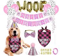 Decoración de fiesta de cumpleaños para perros con pañuelo para el cuello para perros, pañuelo de cumpleaños WOOF globos Feliz cumpleaños pancarta de Paw Print globos pajarita cuello para decoraciones