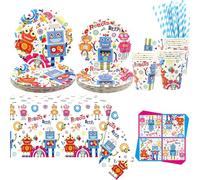 Decoración de fiesta de cumpleaños robot y accesorios para fiestas de robots incluyen platos, manteles, servilletas, vajilla, accesorios de fiesta robot para niños, niñas, niños, ducha de bebé
