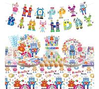 Decoración de fiesta de cumpleaños robótica: pancarta de patrones, mantel, platos, servilletas, vajilla, robot tema fiesta accesorios para niños niñas niños bebé ducha, servido 20