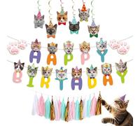 Decoración de Fiesta de Cumpleaños Temática de Gatos: Banner "Feliz Cumpleaños", Guirnalda de Borlas y Gatos Espirales - 20 piezas, Multicolor