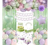 Decoración de fiesta de cumpleaños verde y morado, pancarta de feliz cumpleaños, globos verdes de aguacate, faja, corona, mariposa, cortina de flecos, mantel para mujer, suministros de fiesta