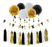 Decoración de fiesta de oro blanco y negro, 23 piezas Kit de flores de papel, banderas de bandera, banderas de círculo, guirnalda de borla, cumpleaños, despedida de soltera, niño, baby shower,