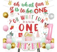 Decoración de fiesta de primer cumpleaños de Navidad, color rosa, Oh What Fun It Is to Be One, pancarta de muñeco de nieve, ciervo, Papá Noel, telón de fondo para silla alta, globo de aluminio para