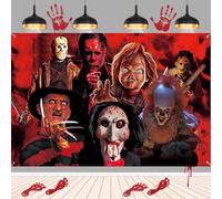 Decoración de fiesta de terror pancarta temática 185x110cm telón de fondo con personajes de película para Halloween cumpleaños fotomatón eventos espeluznantes