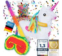 Decoración de fiesta piñata para rellenar de chuches en celebraciones de cumpleaños infantiles, bodas y fiestas (Unicornio + bastón y máscara de ojos)